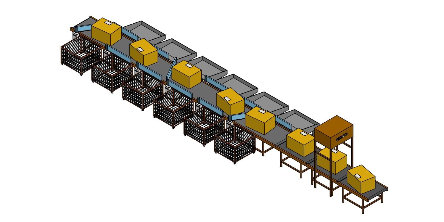 Swing arm sorter for heavy-duty parcel and carton sorting in logistics warehouses.