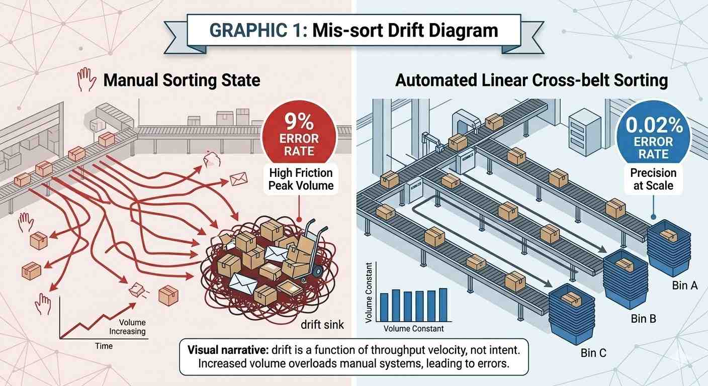 Manual vs automated sortation mis-sort rate — 9% vs 0.02% at 6500 pph peak throughpu