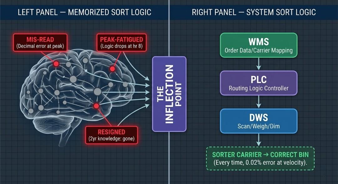 Inflection point diagram comparing manual sort logic errors versus automated cross-belt sorter WMS-PLC-DWS system accuracy