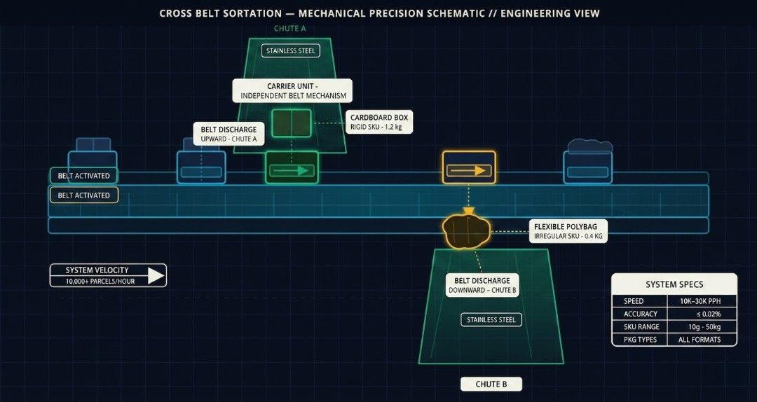 Cross-belt sorter mechanical precision schematic showing independent carrier belt mechanism discharging a rigid cardboard box to Chute A and a flexible polybag to Chute B — system speed 10,000–30,000 PPH, accuracy ≤0.02%, SKU range 10g–50kg