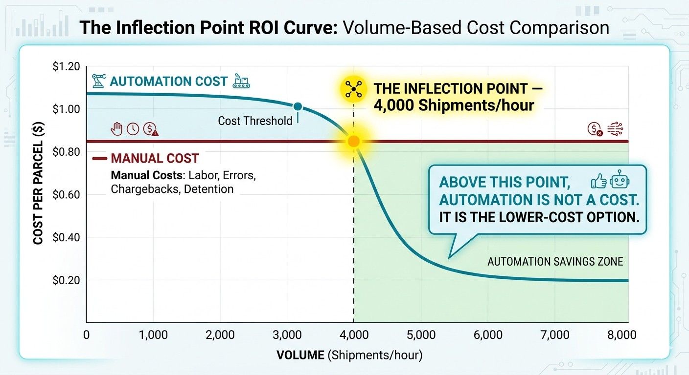 ROI inflection point chart showing automated DWS system cost per parcel dropping below manual sorting cost at 4000 shipments per hour volume threshold for warehouse automation