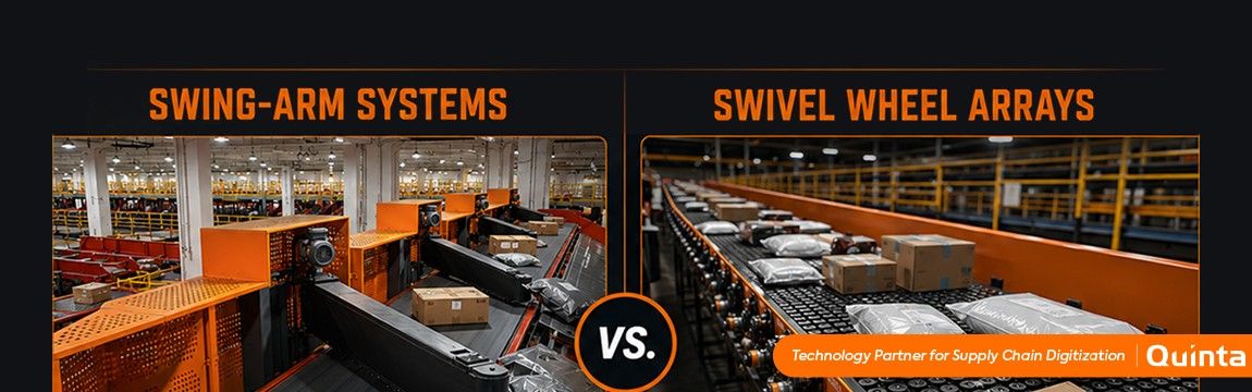 Swing-arm sorter systems versus swivel wheel arrays compared side by side in a warehouse facility