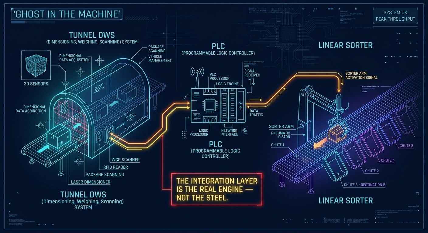Technical architecture diagram showing tunnel DWS dimensioning weighing scanning system connected to PLC programmable logic controller transmitting sorter arm activation signal to linear sorter chutes for automated parcel routing in warehouse