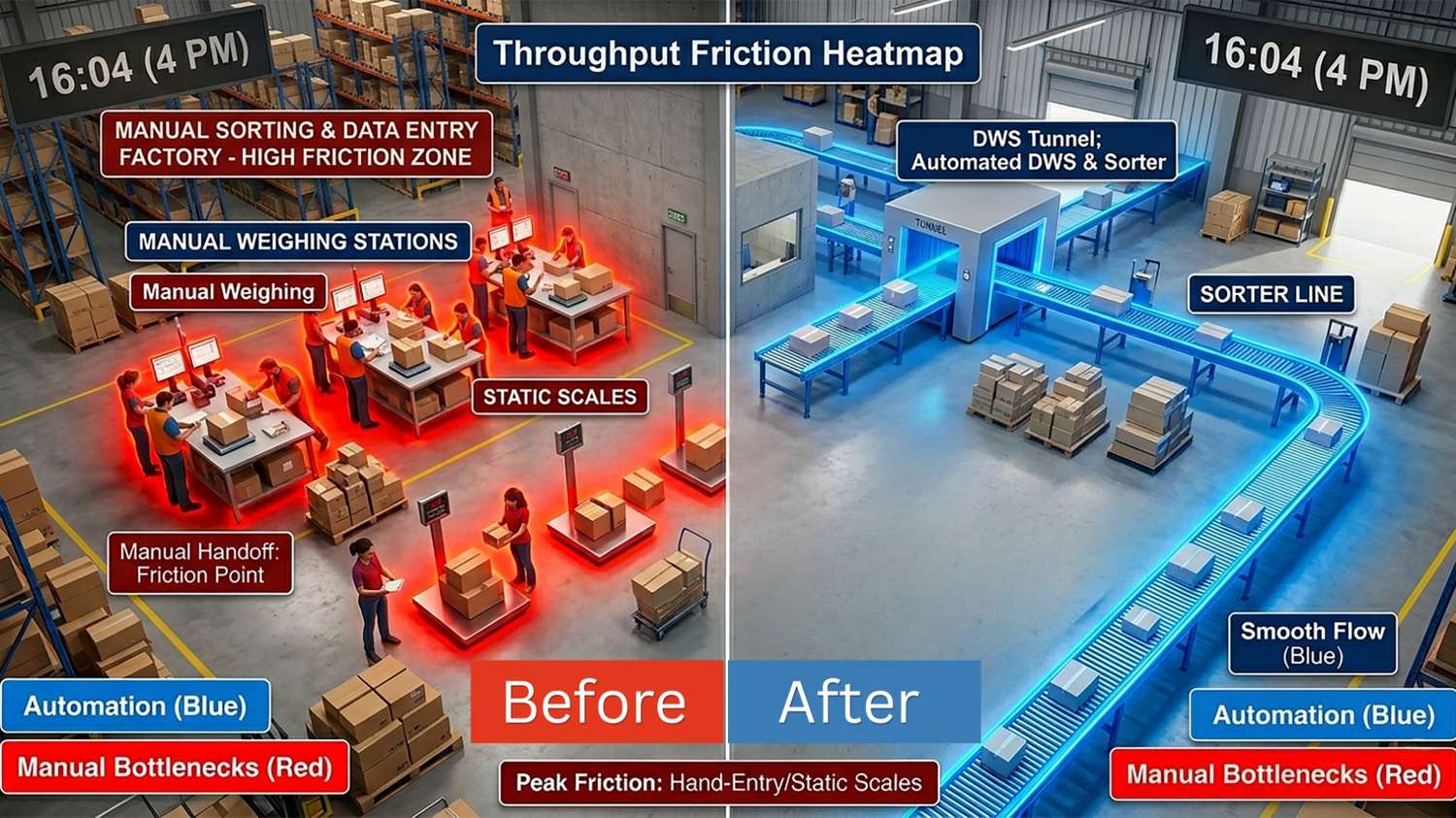Warehouse throughput friction heatmap comparing manual DWS sorting with static scales and hand entry bottlenecks in red versus automated tunnel DWS and linear sorter smooth flow in blue at 4 PM peak hour